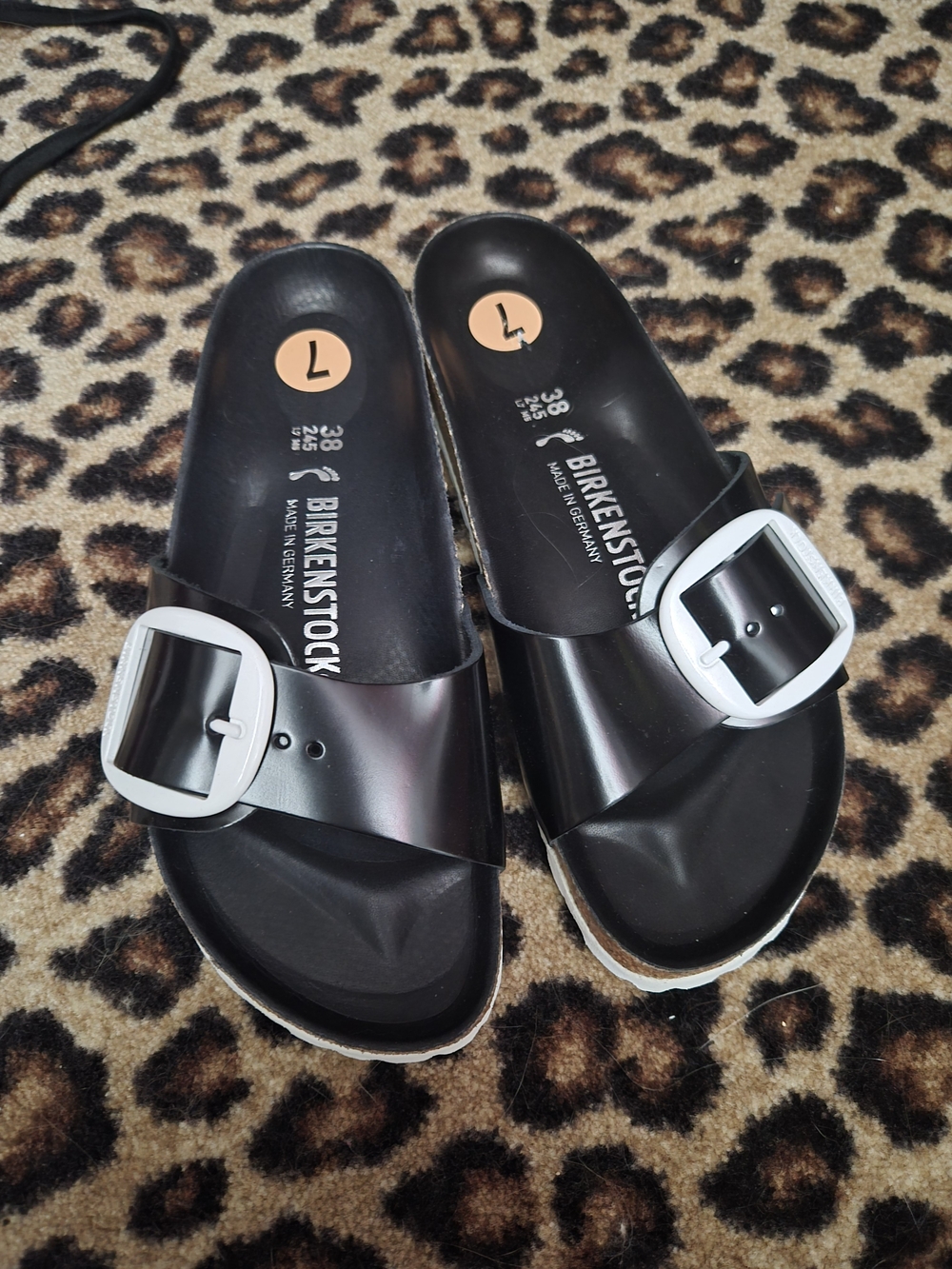 Birkenstock Madrid Black Slide Sandals with White Buckle